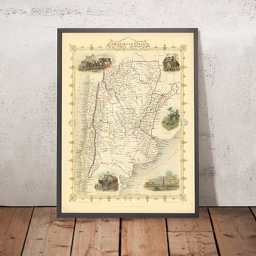 Alte Karte von Argentinien und Chile von Tallis, 1851: Buenos Aires, Anden, Santiago, Vignetten 