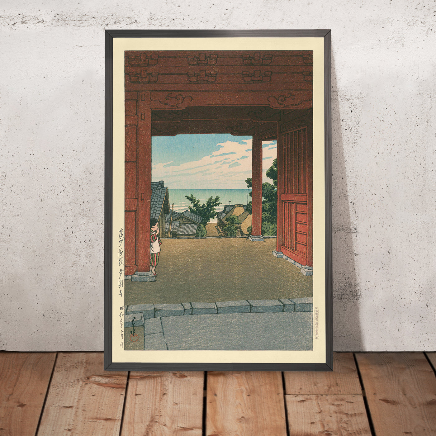 A framed image of Tamon Temple at Hamahagi in Boshu by Hasui Kawase, 1935