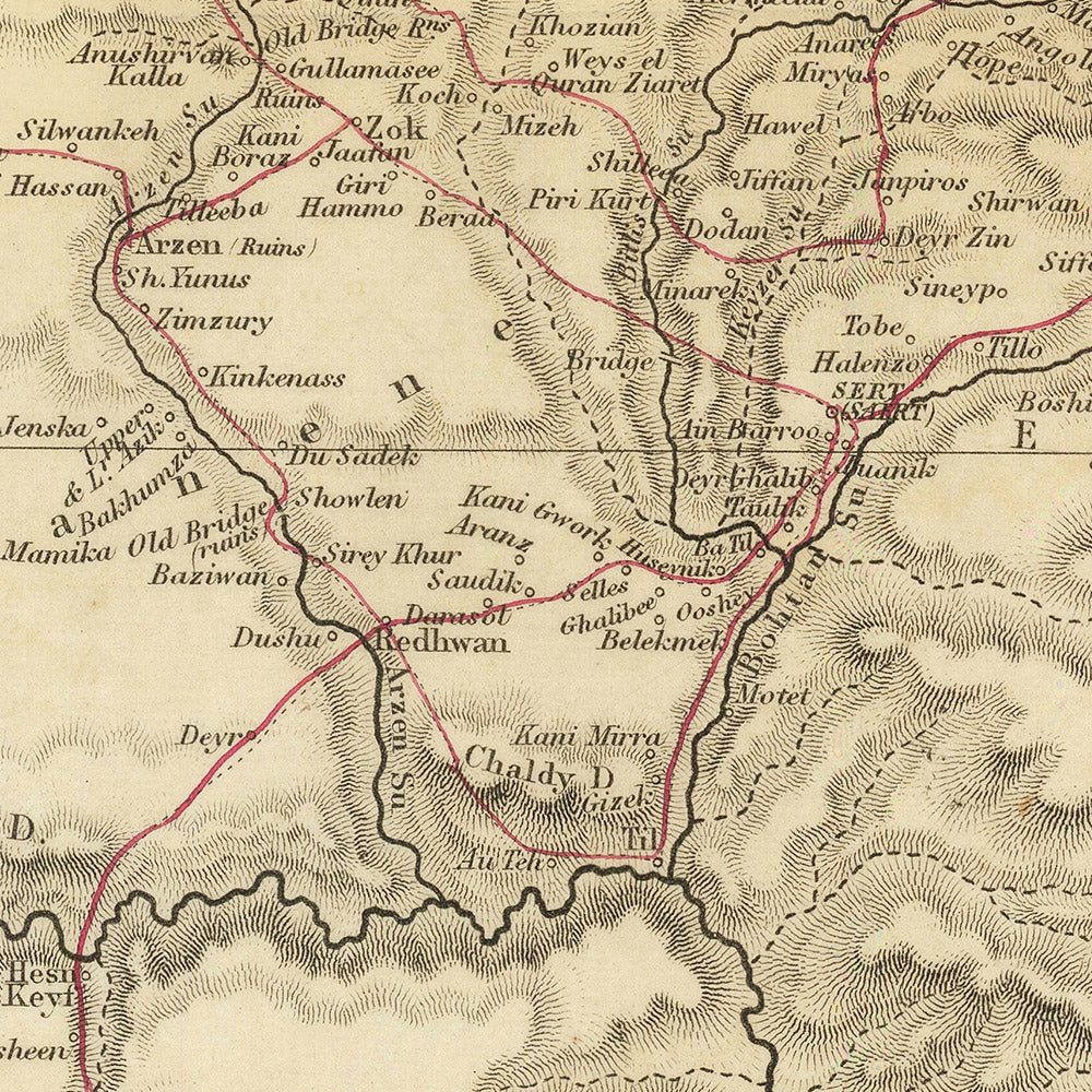 Old Map of Kurdistan by Royal Geographical Society, 1865: Lake Van, Diyarbakir, Erzurum, Mountains