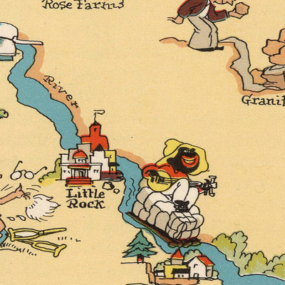 Pictorial Map of Arkansas by Ruth Taylor White, 1935: Little Rock, Hot Springs, Agriculture, Mississippi River, Timber