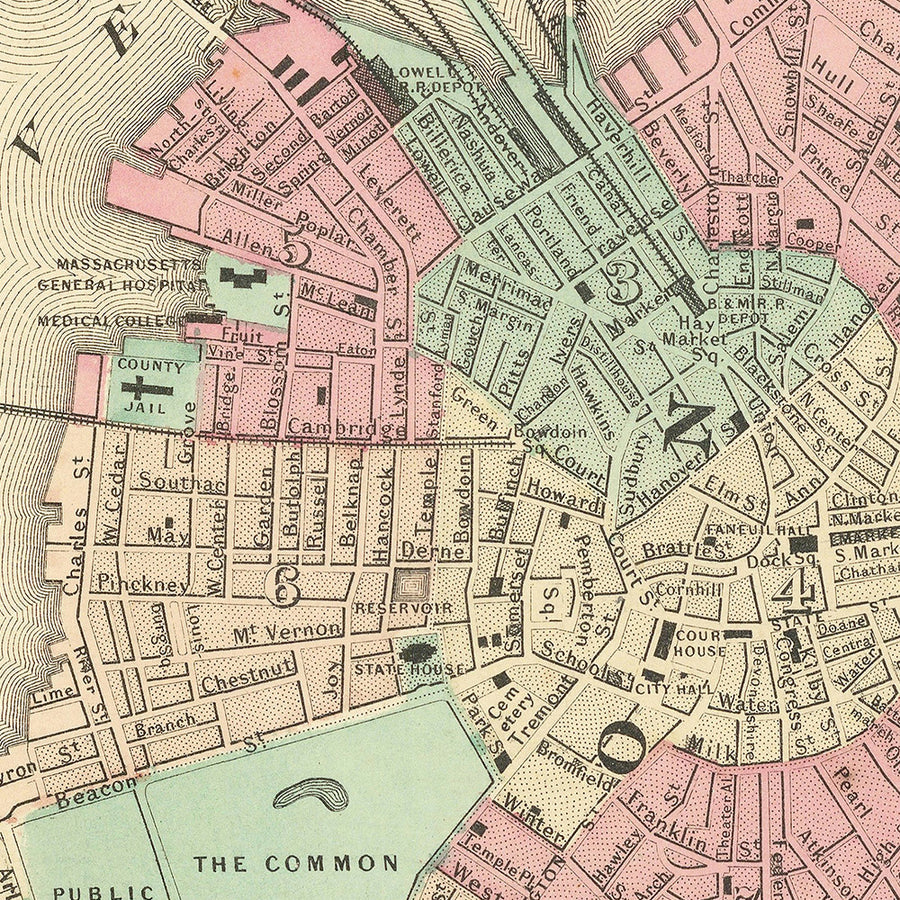 Old Street Map of Boston by Colton, 1866: Boston Common, State House, Boston Harbor, Cambridge, Charlestown