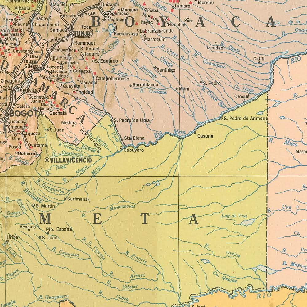 Ancienne carte de la Colombie, 1939 : régions caféières, Andes, Bogotá, Medellín, voies ferrées