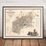 Ancienne carte du Gloucestershire par Greenwood, 1831 : Gloucester, Cheltenham, fleuve Severn, Cotswolds, forêt de Dean 