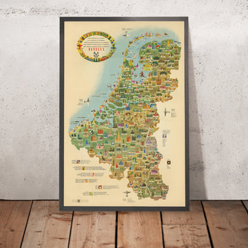 Antiguo mapa turístico pictórico de Benelux, 1950: optimismo de posguerra, Bruselas, Ámsterdam, Rin, molinos de viento 