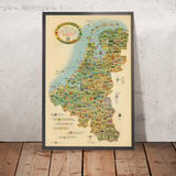Ancienne carte touristique picturale du Benelux, 1950 : optimisme d'après-guerre, Bruxelles, Amsterdam, Rhin, moulins à vent 