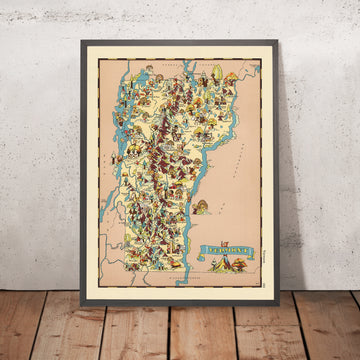 Carte picturale du Vermont par Ruth Taylor White, 1935 : Burlington, Montpelier, Rutland, limites des comtés, production de sirop d&