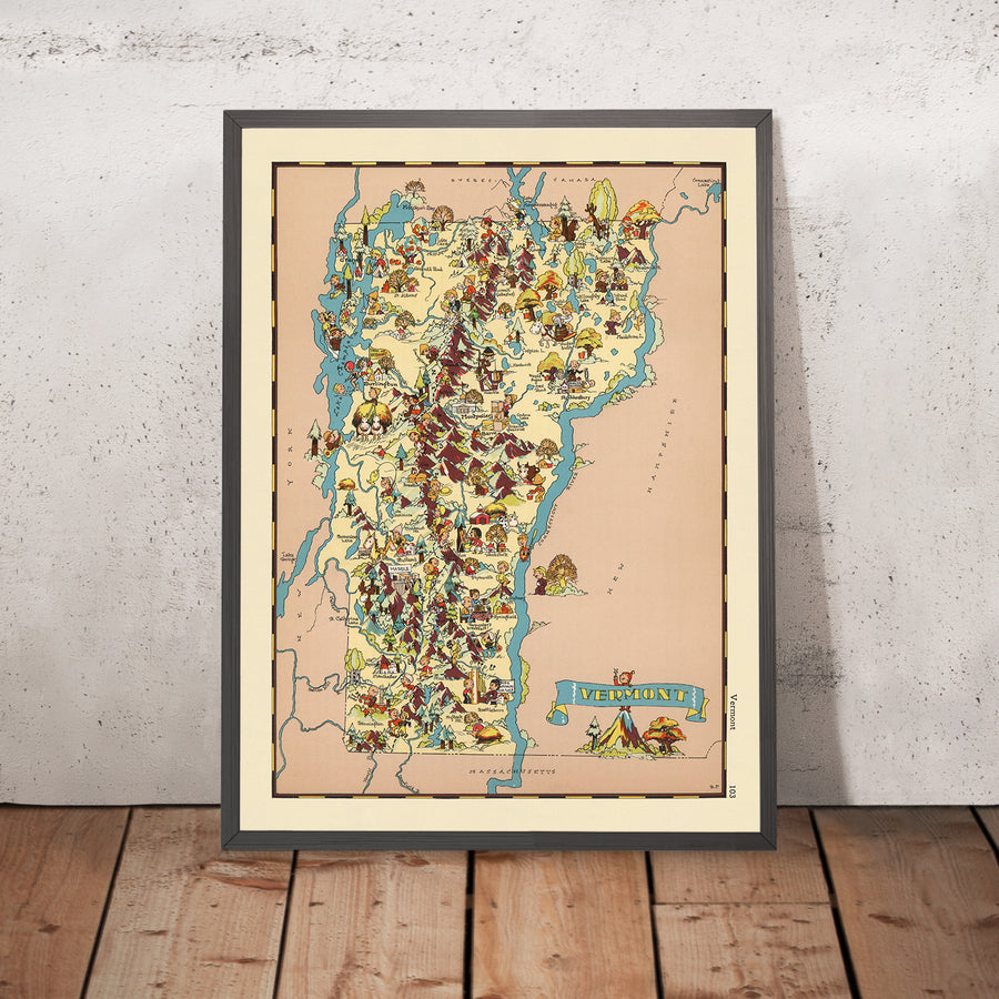 Mappa Pittorica del Vermont di Ruth Taylor White, 1935: Burlington, Montpelier, Rutland, Confini della Contea, Produzione di Sciroppo d&