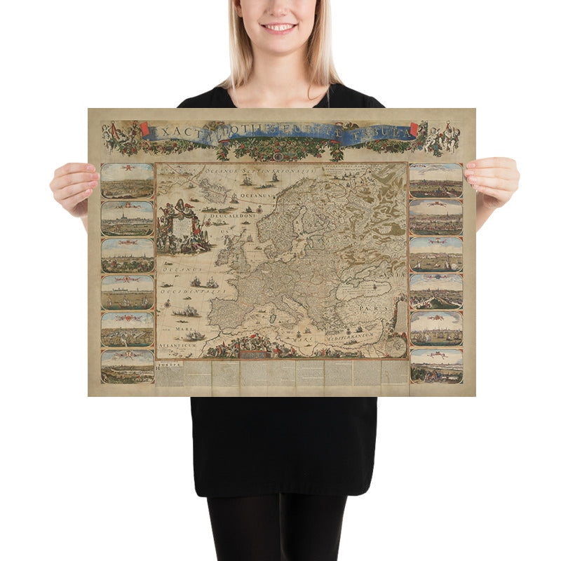 Massive Old Map of Europe by Visscher, 1677: Triple Alliance, Capital City Views
