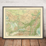 Ancienne carte de l'Ontario et du Québec par Bartholomew, 1922 Toronto, Montréal, fleuve Saint-Laurent, Grands Lacs 