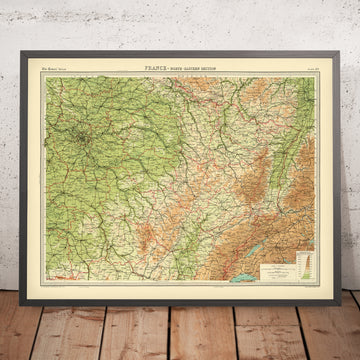 Old Topographic Map of North East France by Bartholomew, 1922: Paris, Reims, Ardennes, Seine, Moselle