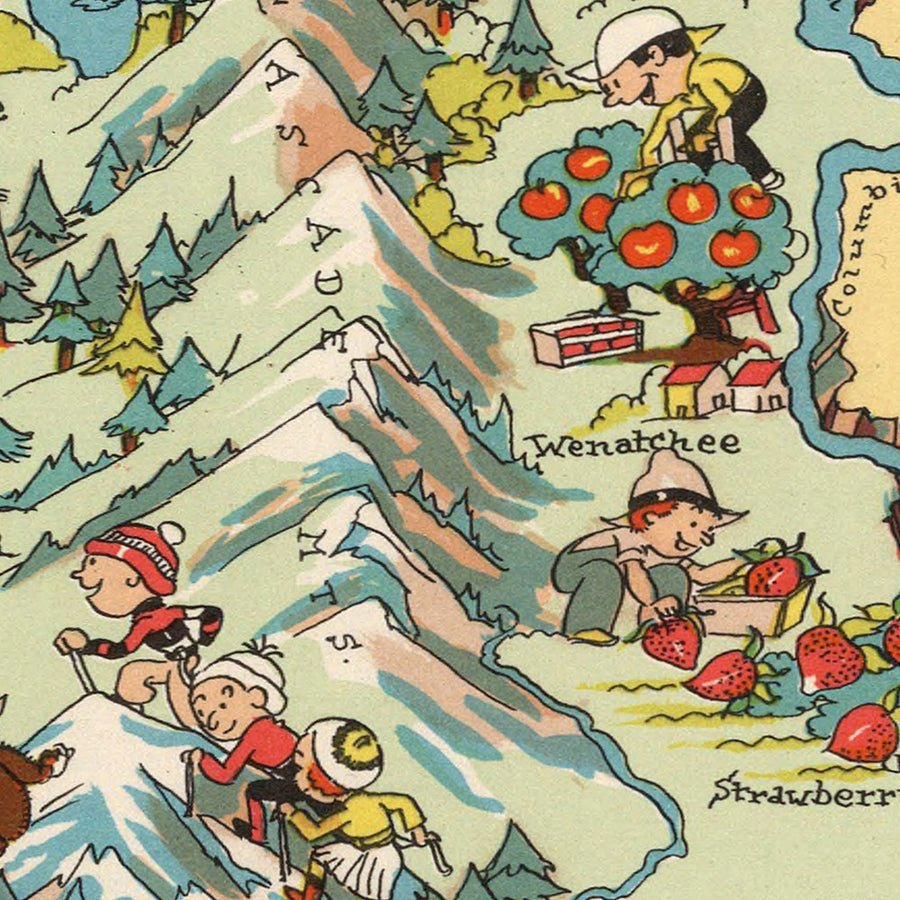 Mappa illustrata dello Stato di Washington di Ruth Taylor White, 1935: Seattle, Monte Rainier, Fiume Columbia, Monti Olimpici, Diga di Grand Coulee 