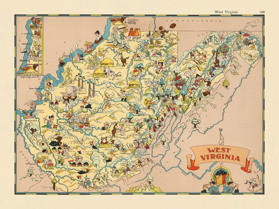 Mappa Pittorica della Virginia Occidentale di Ruth Taylor White, 1935: Charleston, Huntington, Miniere di carbone, Contee, Appalachi 