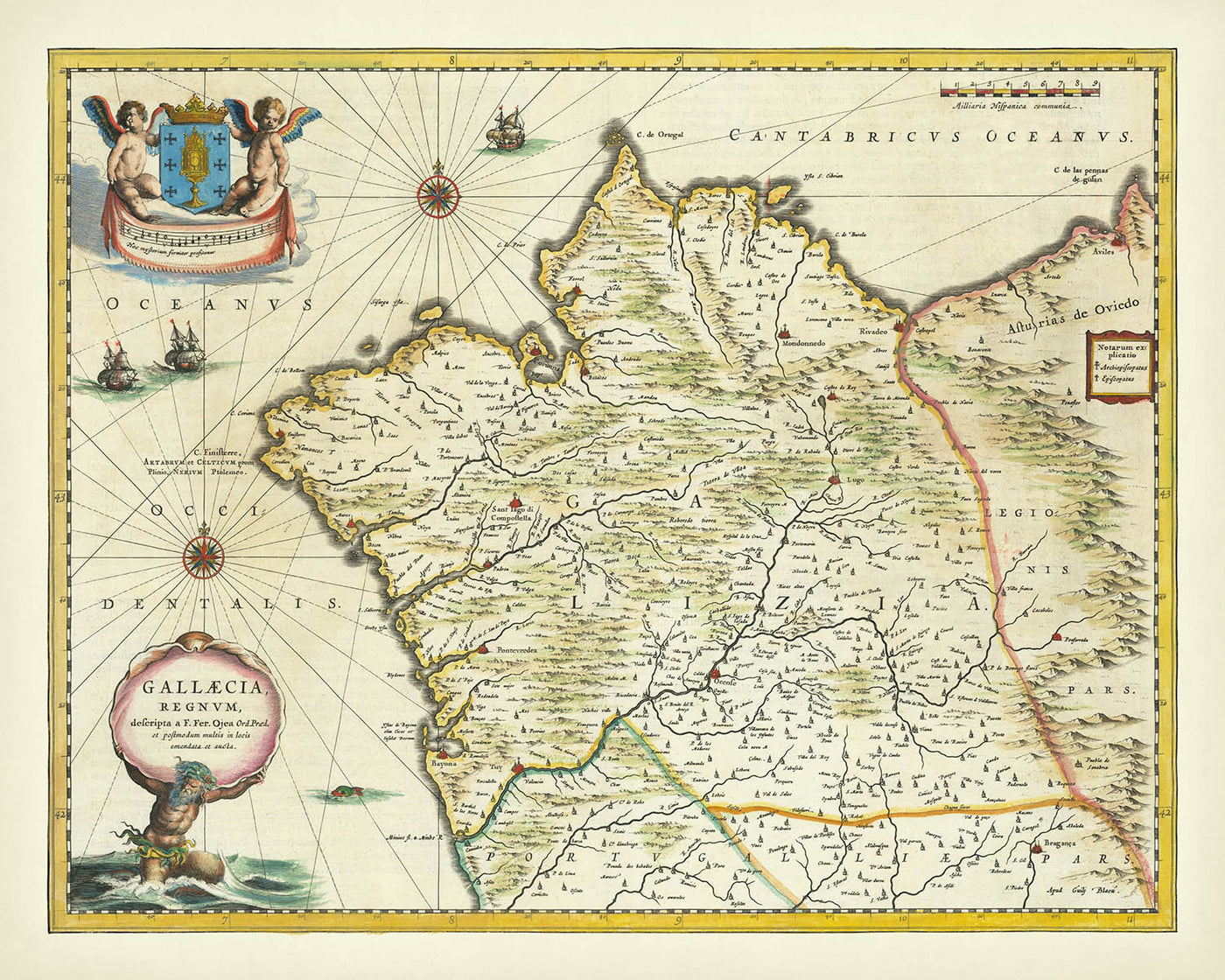 Old Map of Galicia, Spain by Blaeu, 1640: Santiago, Corunna, Vigo, Neptune, Sea Monster