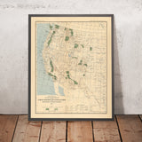 Mapa antiguo de bosques y parques nacionales del oeste de EE. UU. por el USGS, 1900: Yellowstone, Sierra Nevada, etc. 