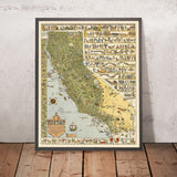 Ancienne carte illustrée de la Californie par Mora, 1927 : Los Angeles, San Francisco, Yosemite, Sierra Nevada, ruée vers l'or