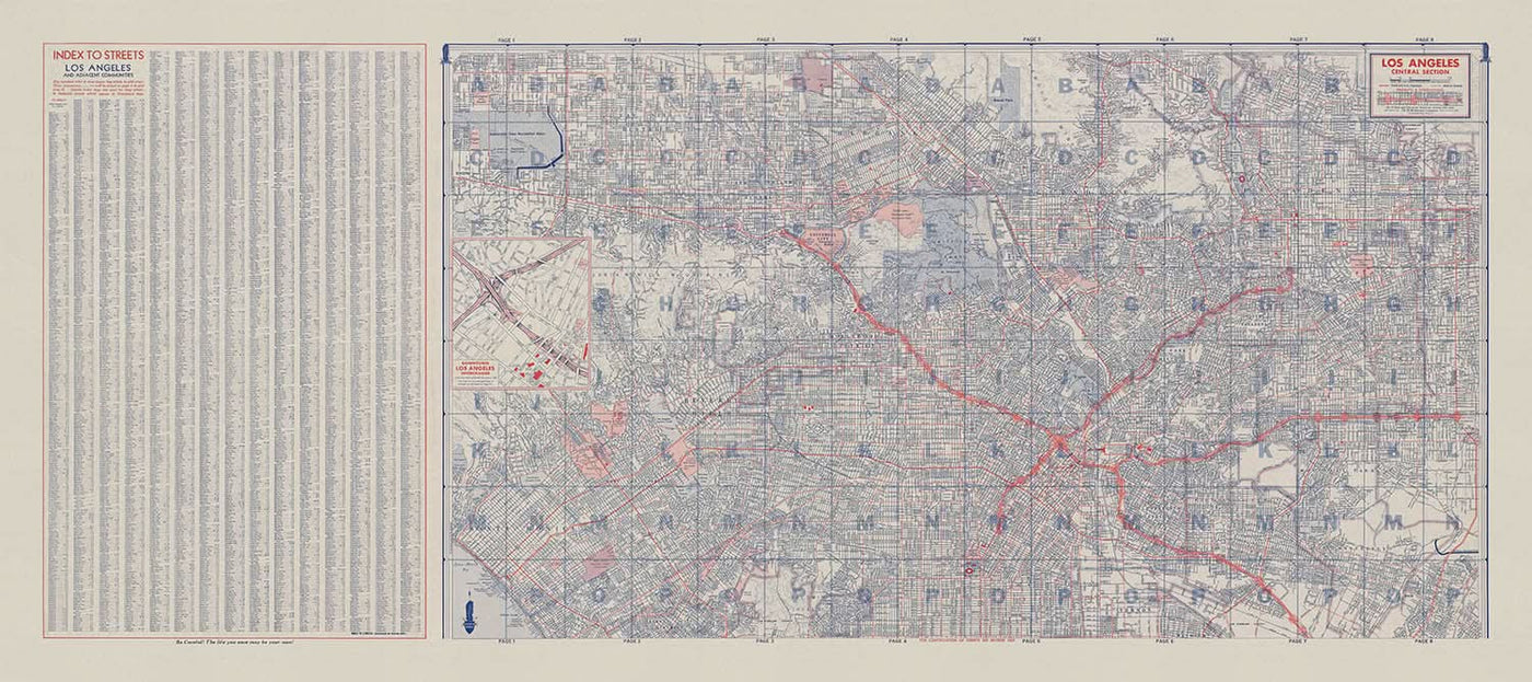 Large Old Street Map of Los Angeles, 1955: Griffith Park, Elysian Park, LA River, Downtown, Hollywood