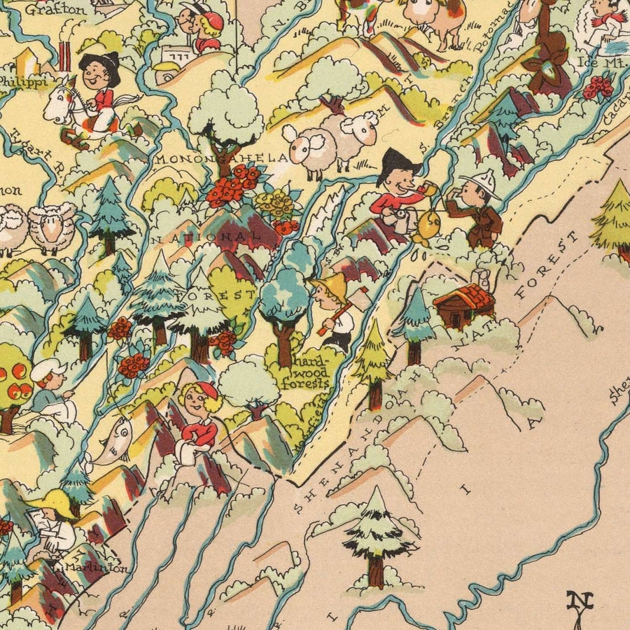 Mappa Pittorica della Virginia Occidentale di Ruth Taylor White, 1935: Charleston, Huntington, Miniere di carbone, Contee, Appalachi 