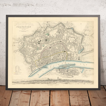 Alte Karte von Frankfurt am Main, Deutschland, 1847: Zeil, Römer, Paulskirche, Sachsenhausen, Main 