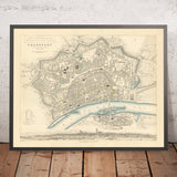 Mapa antiguo de Fráncfort del Meno, Alemania, 1847: Zeil, Römer, Paulskirche, Sachsenhausen, río Meno 