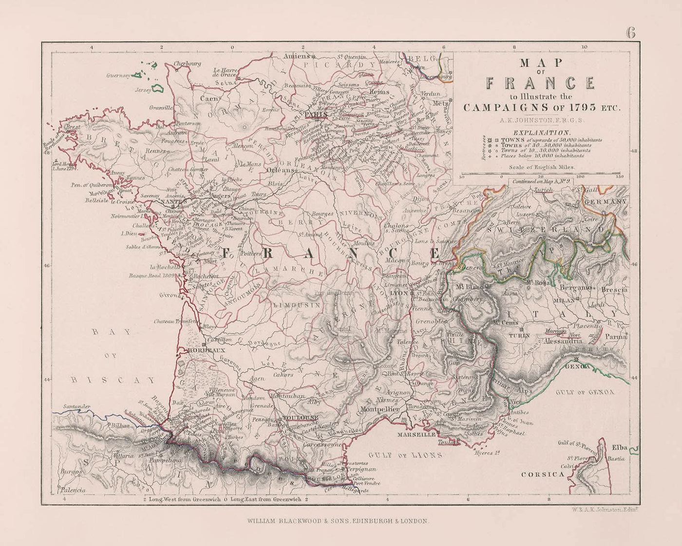 Ancienne carte militaire des campagnes de la Révolution française par Johnston, 1793 : Paris, Lyon, Marseille, batailles, itinéraires