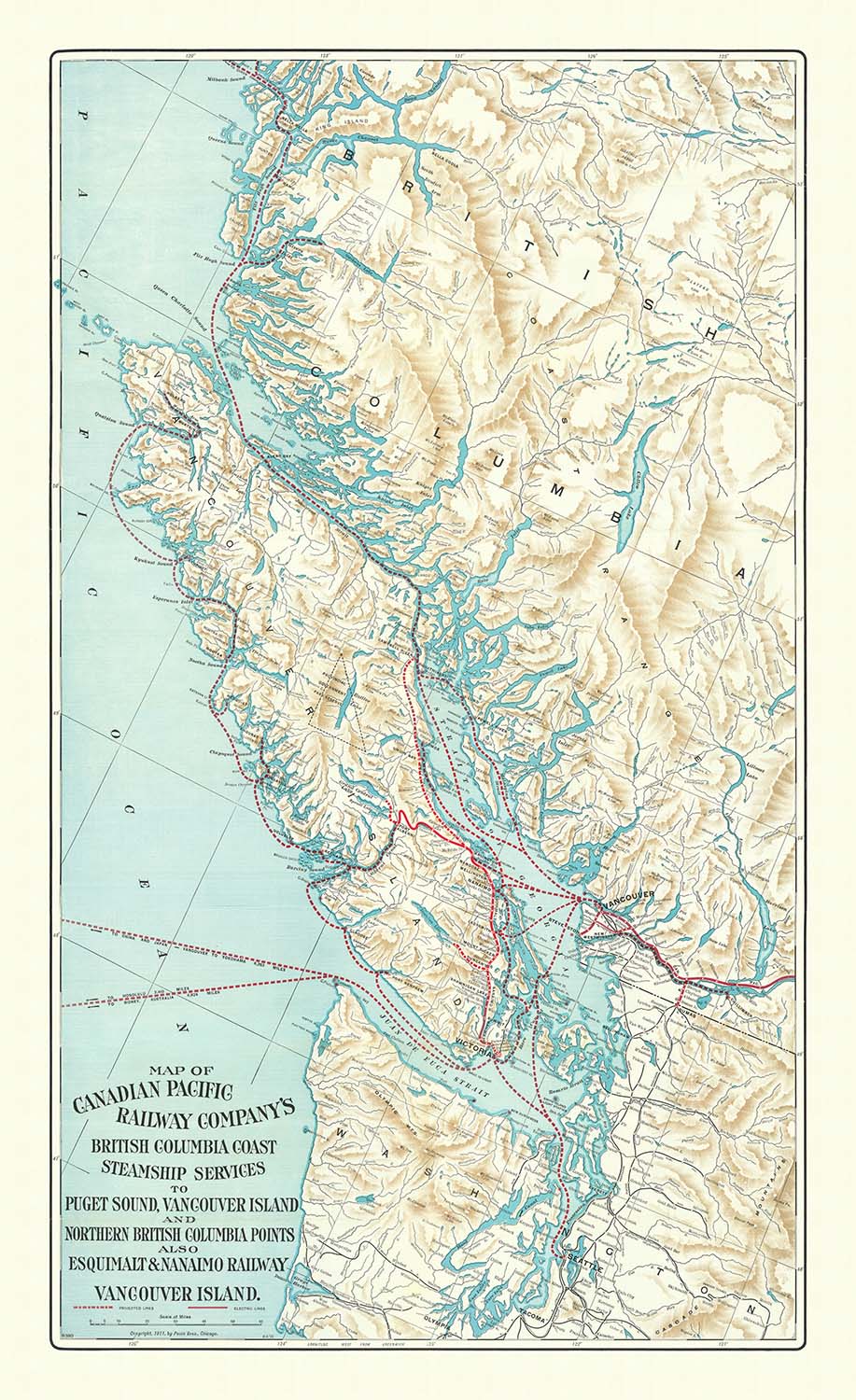 Old Map of British Columbia by Poole Brothers, 1911: Vancouver, Victoria, Railroads, Steamship Routes, Vancouver Island