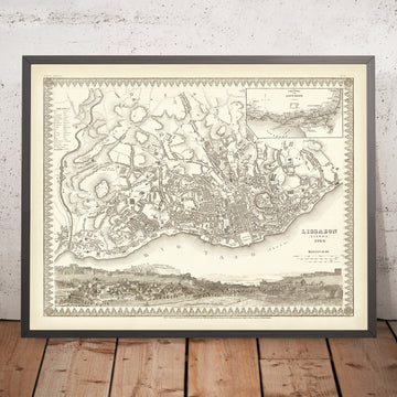 Old Map of Lisbon by Meyer, 1844: Praça do Comércio, Rossio, Castelo de São Jorge, Sé Cathedral, Tagus River