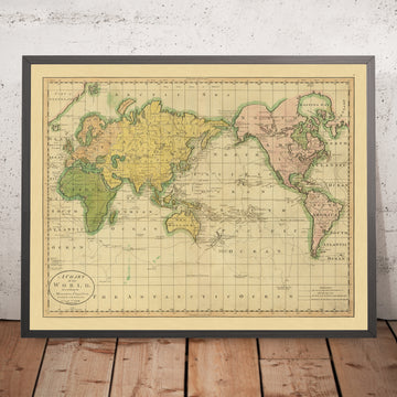 Alte Mercator-Weltkarte, die die Entdeckungen von Kapitän Cook zeigt, von Carey, 1814: Pazifik zentriert 