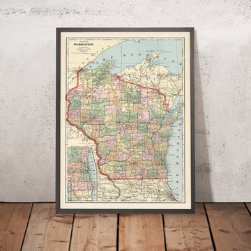 Old Railroad Map of Wisconsin by Cram, 1901: Milwaukee, Madison, Green Bay, Lake Michigan, Mississippi River