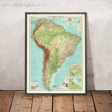 Old Map of South America by Bartholomew, 1922: relief & depth tints; sea lanes; city insets
