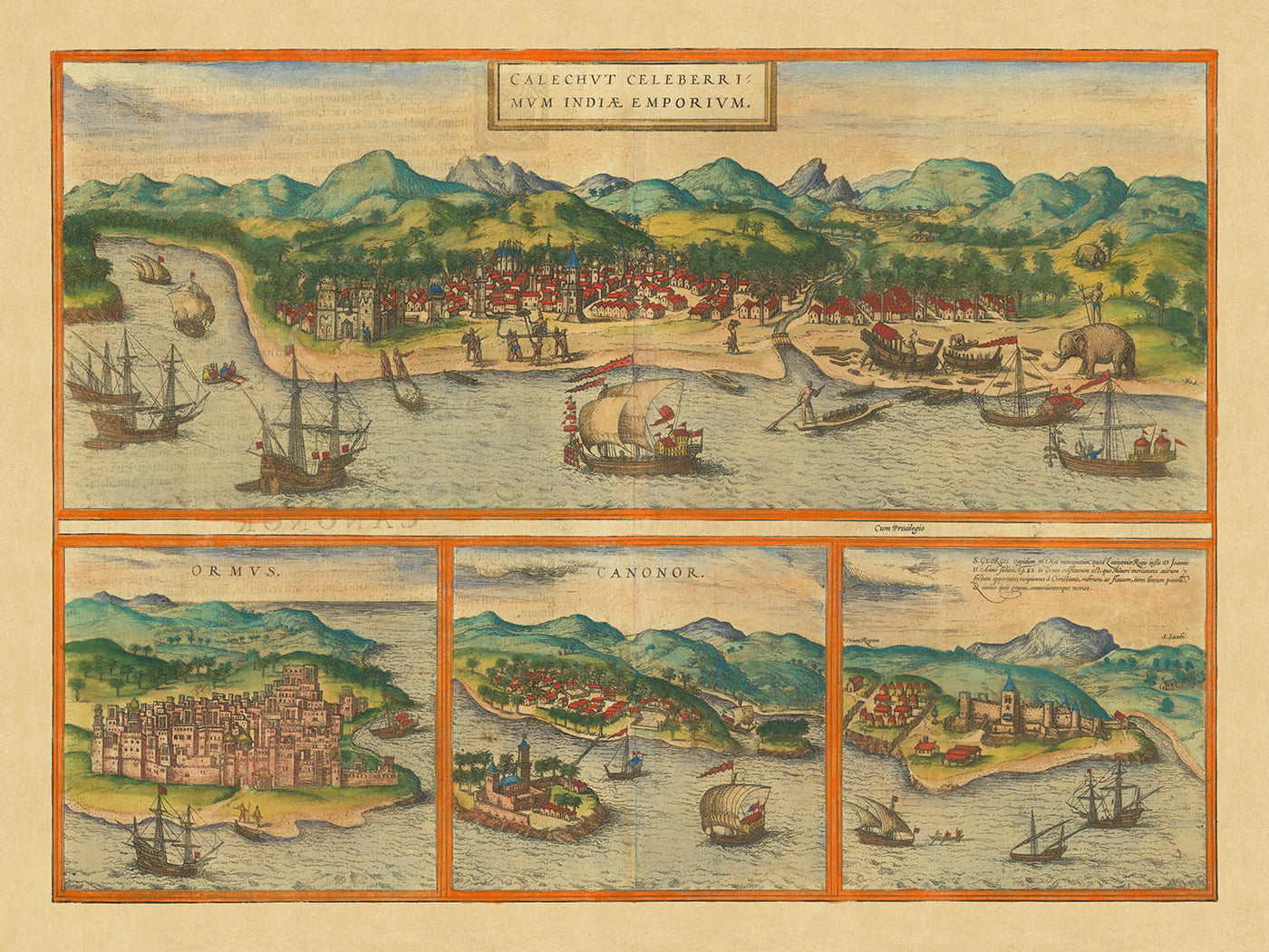 Old Map of Calicut in India by Braun & Hogenberg, 1572: Ormuz, Canonor, El Mina, Ships