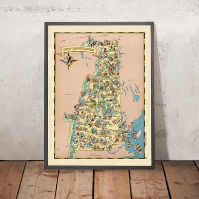 Pictorial Map of New Hampshire by Ruth Taylor White, 1935: Manchester, Nashua, Concord, Lakes, Mountains