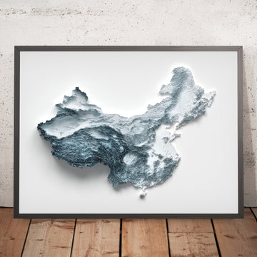 Ein gerahmtes Bild einer topografischen Reliefkarte von China im 3D-Stil