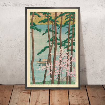 A framed image of Arashiyama in Spring with Cherry Blossom by Hasui Kawase, 1935