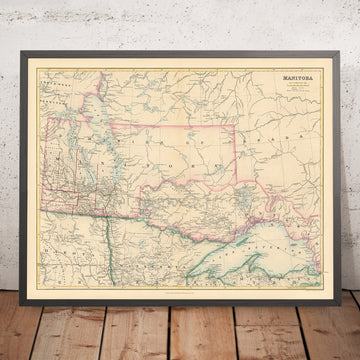 Alte Karte von Manitoba von Arrowsmith, 1884: Winnipeg, Roter Fluss, Lake Winnipeg, Eisenbahnen, Grenzen 