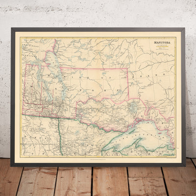 Old Map of Manitoba by Arrowsmith, 1884: Winnipeg, Red River, Lake Winnipeg, Railroads, Borders