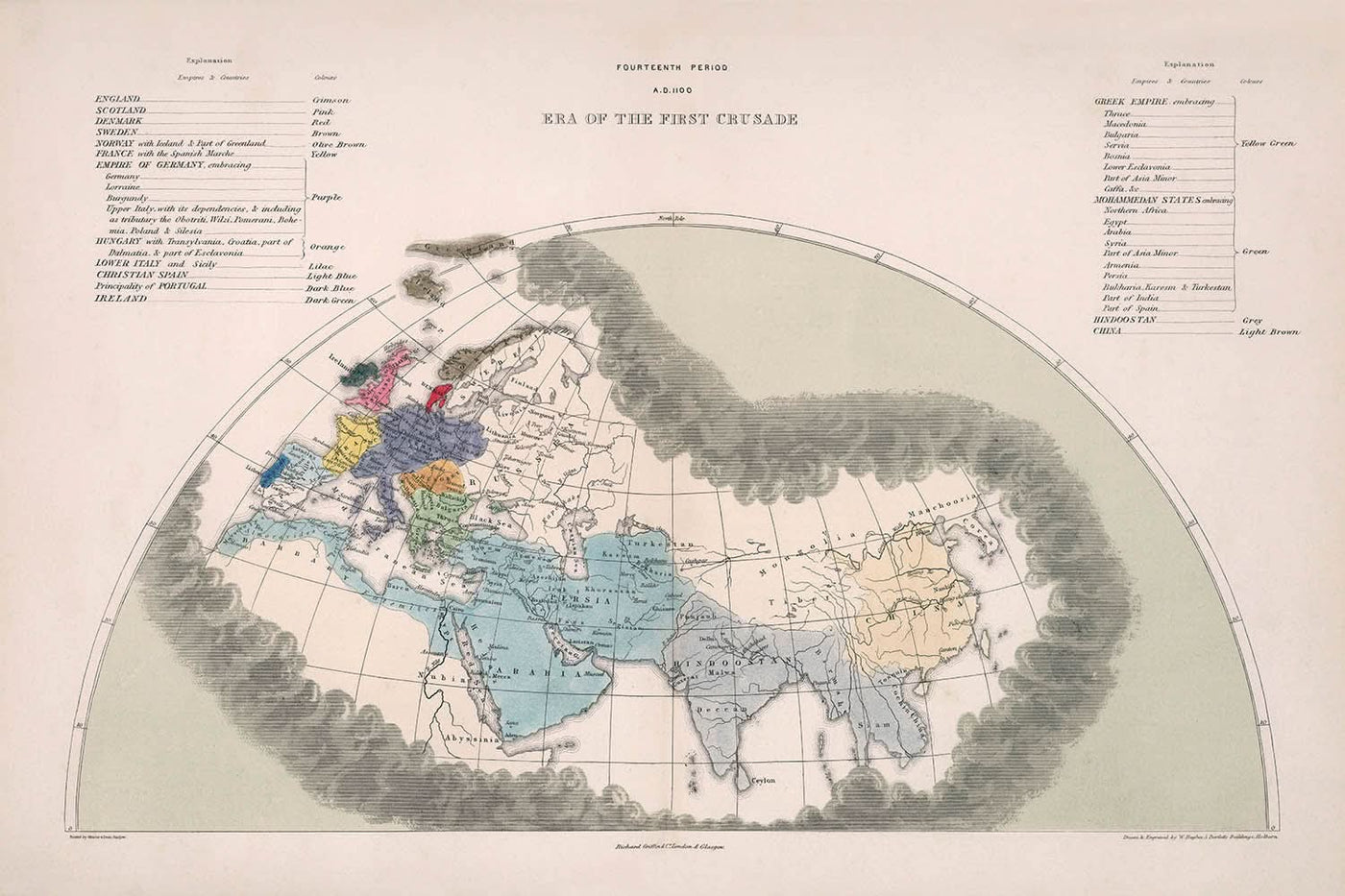 Ancienne carte de la première croisade par Quin, 1856 : Empire allemand, Byzance, Jérusalem, Califats, Chine