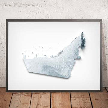A framed image of a 3D style topographic relief map ofUnited Arab Emirates