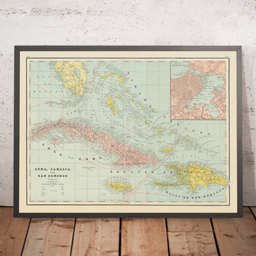 Mapa antiguo del Caribe Occidental de Cram, 1886: Cuba, La Española, La Habana, Kingston, Santo Domingo, Paso de los Vientos, Matanzas 