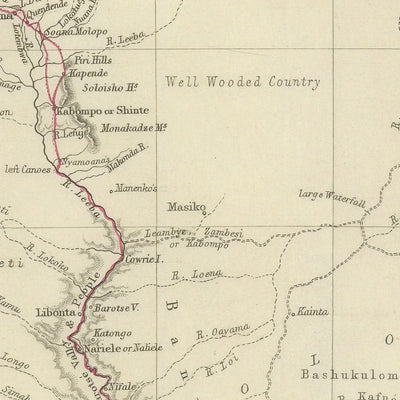 Mapa antiguo de la ruta africana del Dr. Livingstone, realizado por Arrowsmith en 1857: Linyanti, Quelimane, cataratas Victoria, Zambezi y Kalahari