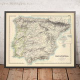 Old Map of Spain and Portugal, 1872: post-1833 provinces, Balearic inset, hand-colored hachured relief