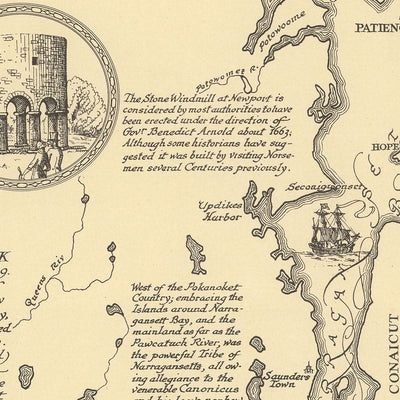 Alte Bildkarte von Rhode Island von Clegg, 1925: Providence, Newport, Schiffe, Kompassrose, Block Island