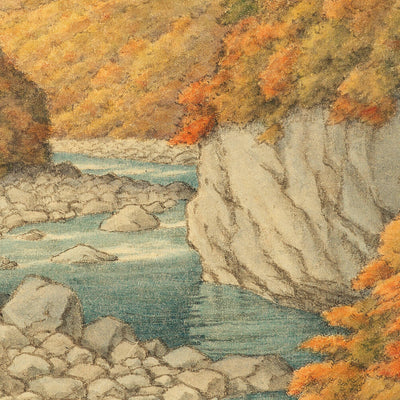 Autumn Trees and Rocky River by Hasui Kawase, 1935