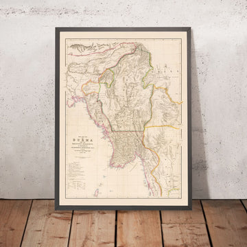 Ancienne carte de la Birmanie (Myanmar) par Arrowsmith, 1857 : Irrawaddy, Salween, Yangon, Mandalay, montagnes Arakan 
