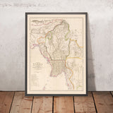 Ancienne carte de la Birmanie (Myanmar) par Arrowsmith, 1857 : Irrawaddy, Salween, Yangon, Mandalay, montagnes Arakan 