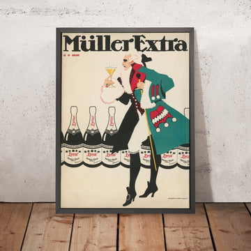 A framed image of Müller Extra Vintage Sparkling Wine Poster by Hans Rudi Erdt, 1908