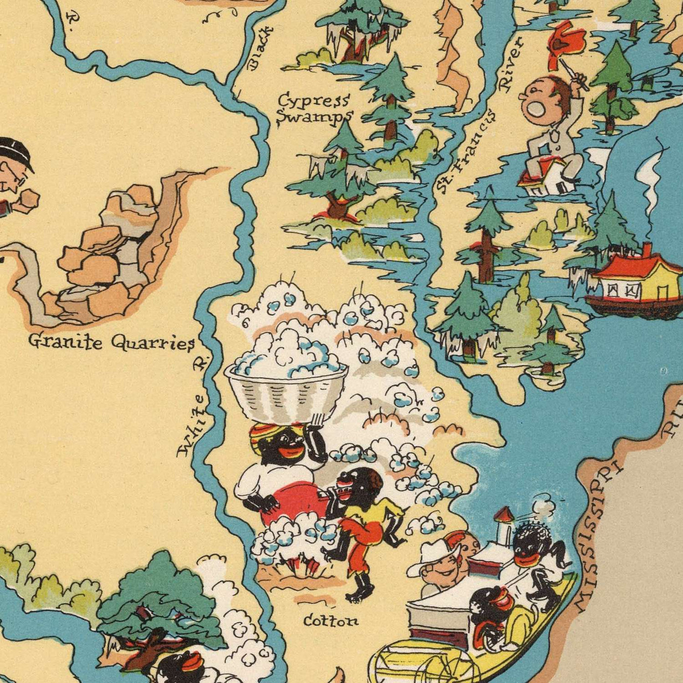 Pictorial Map of Arkansas by Ruth Taylor White, 1935: Little Rock, Hot Springs, Agriculture, Mississippi River, Timber