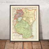 Mappa coloniale antica di Kenya, Uganda, Rwanda e Tanzania di Edward Stanford, 1926: Nairobi, Kampala, Lago Vittoria, Kilimanjaro, Ferrovia dell'Uganda 