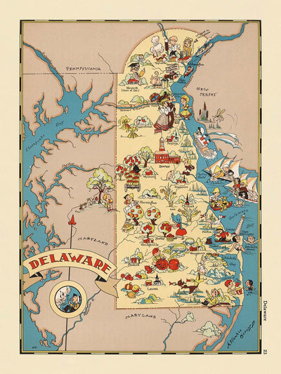 Pictorial Map of Delaware by Ruth Taylor White, 1935: Wilmington, Dover, Delaware Bay, Beaches, First State