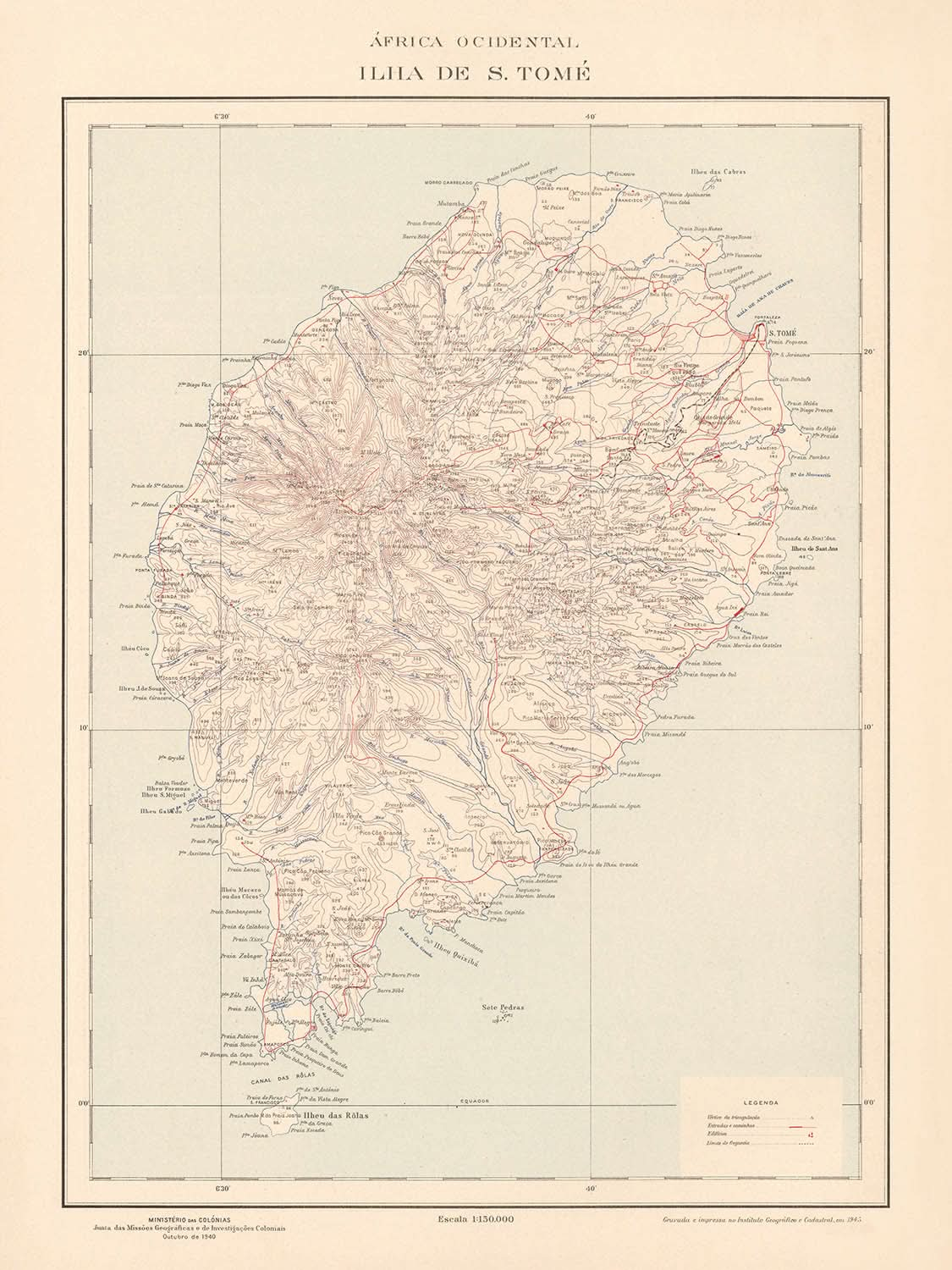 Old Map of São Tomé, 1945: São Tomé, Neves, Trindade, Rivers, Mountains