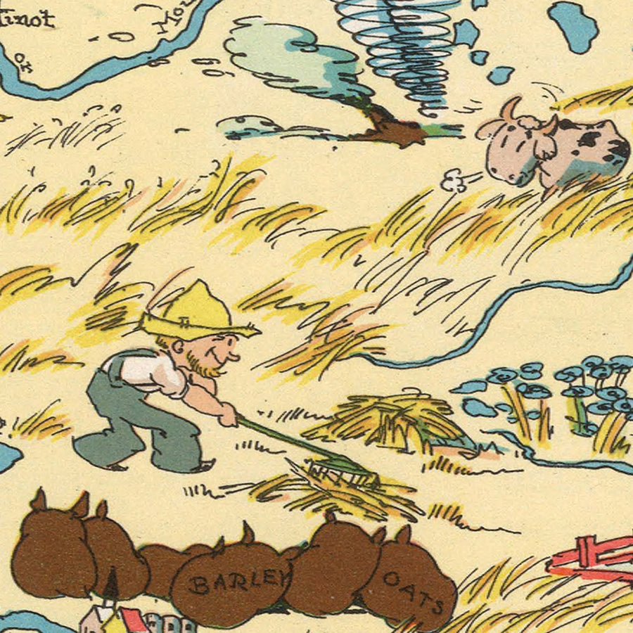 Mappa Pittorica del Dakota del Nord di Ruth Taylor White, 1935: Fargo, Bismarck, Fiume Missouri, Campi di Grano, Bisonte 